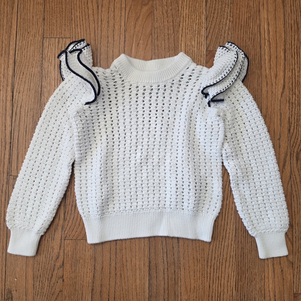 GAP White Knit Sweater with Black-Trim Ruffle Shoulders Girls Size S